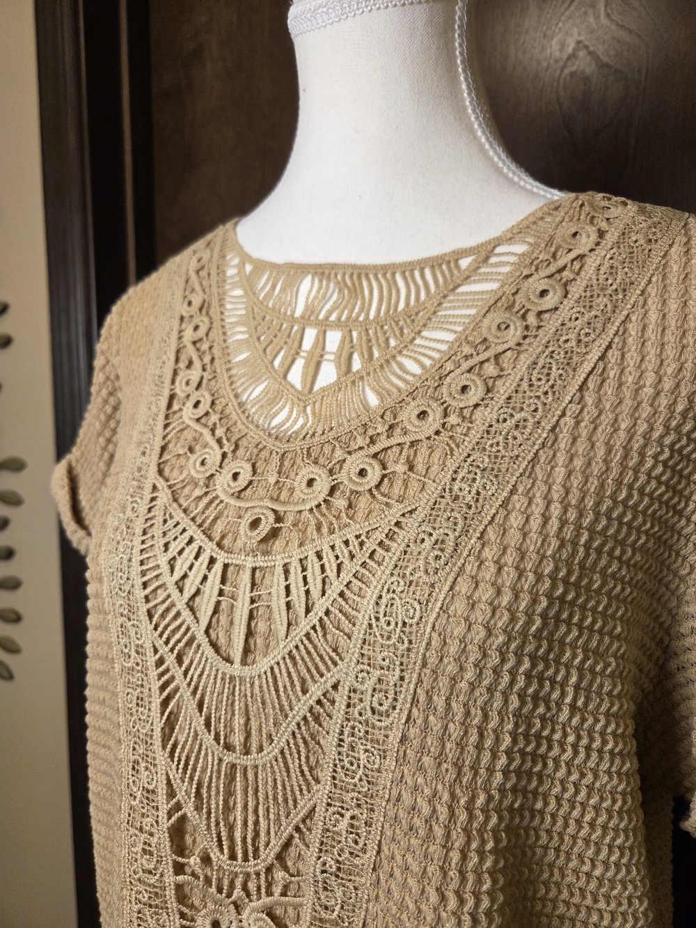 Woven Crochet Front Short Sleeve   Top - Beige - Picture 4 of 9